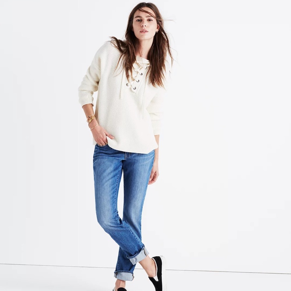 Madewell Lace-up Merino Wool Hoodie Ivory Sweater Small